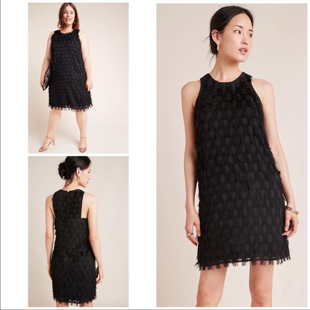 By Anthropologie Roxie Textured Feathered Fringe Dot Shift Mini LBD